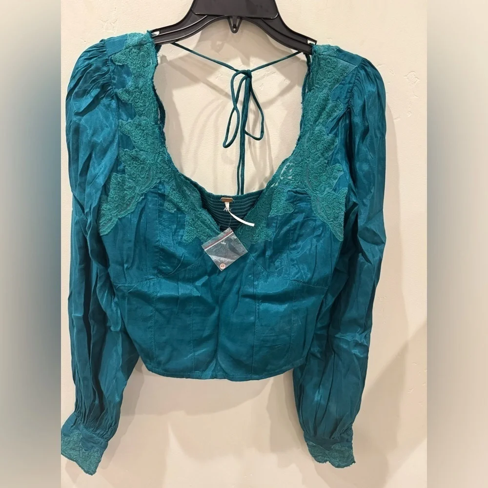 New Free People Janelle Lace Top in Green Jade SZ S 🔥🔥🔥